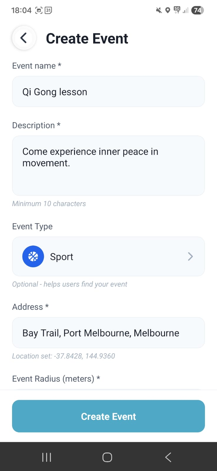Hyke event creation screen