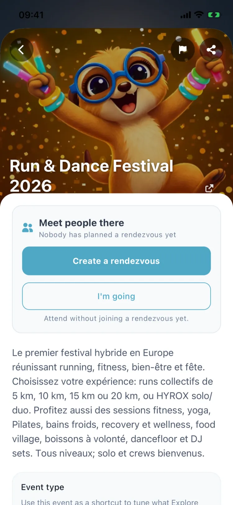 A HykeFresh event page with a rendezvous invite to meet people there