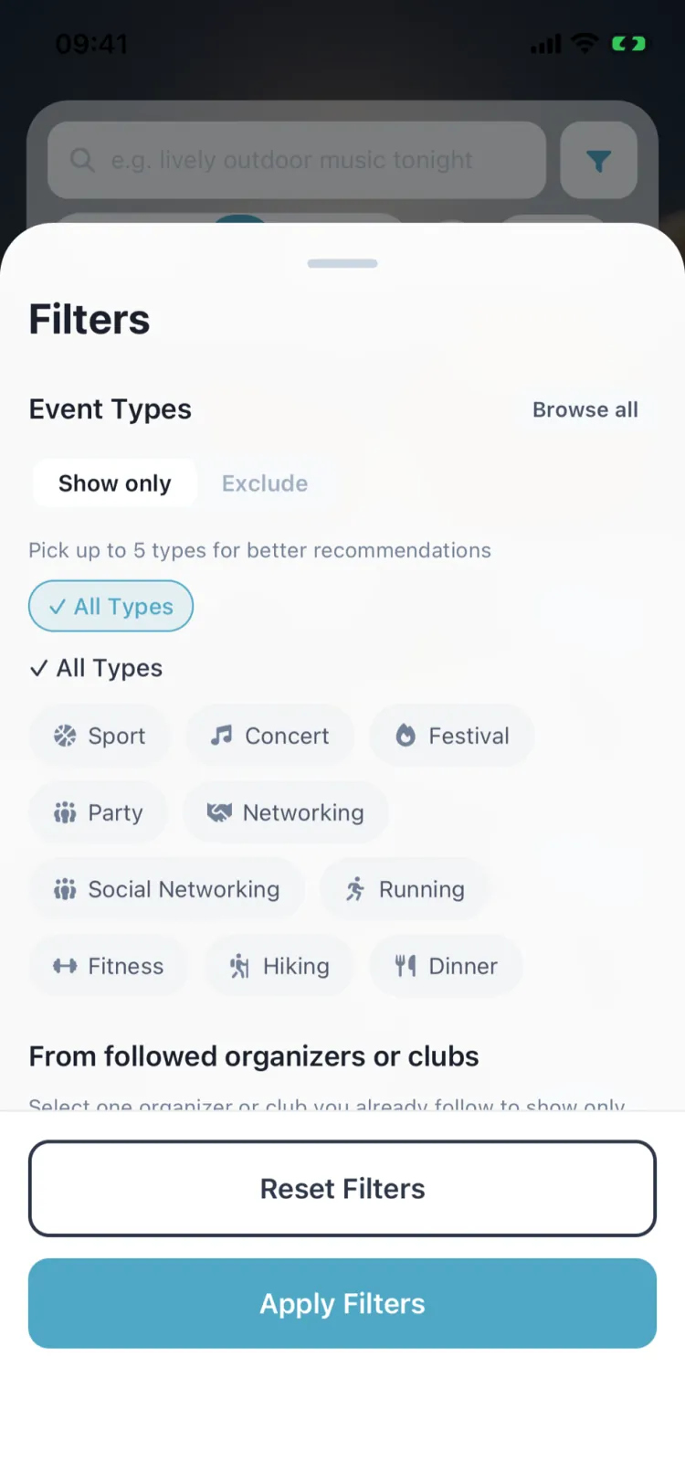 HykeFresh filters with event types like sport, concert and festival